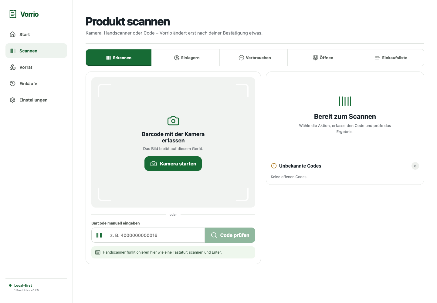 Vorrio Produkt-Scanner auf einem Desktop-Bildschirm