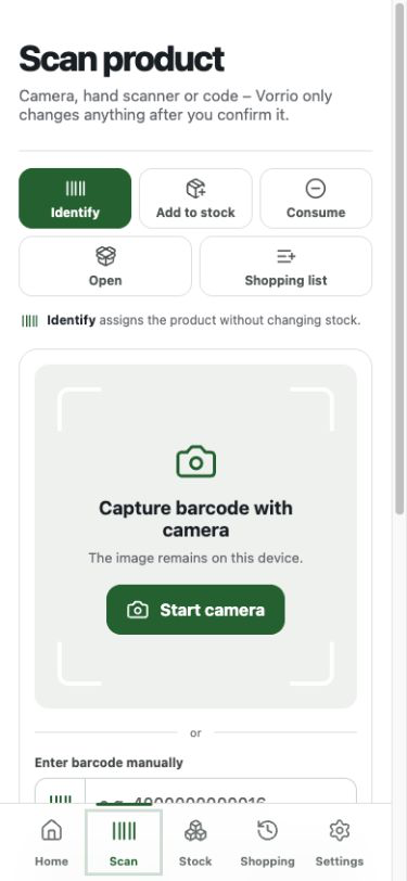 Vorrio scanning entry on a smartphone