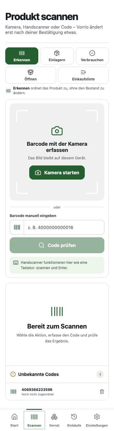 Vorrio Scan-Einstieg auf einem Smartphone