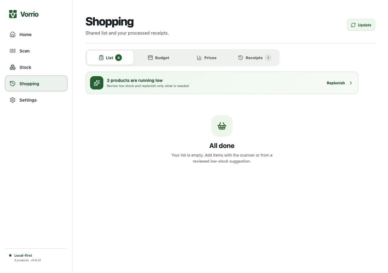 Shared shopping list in Vorrio